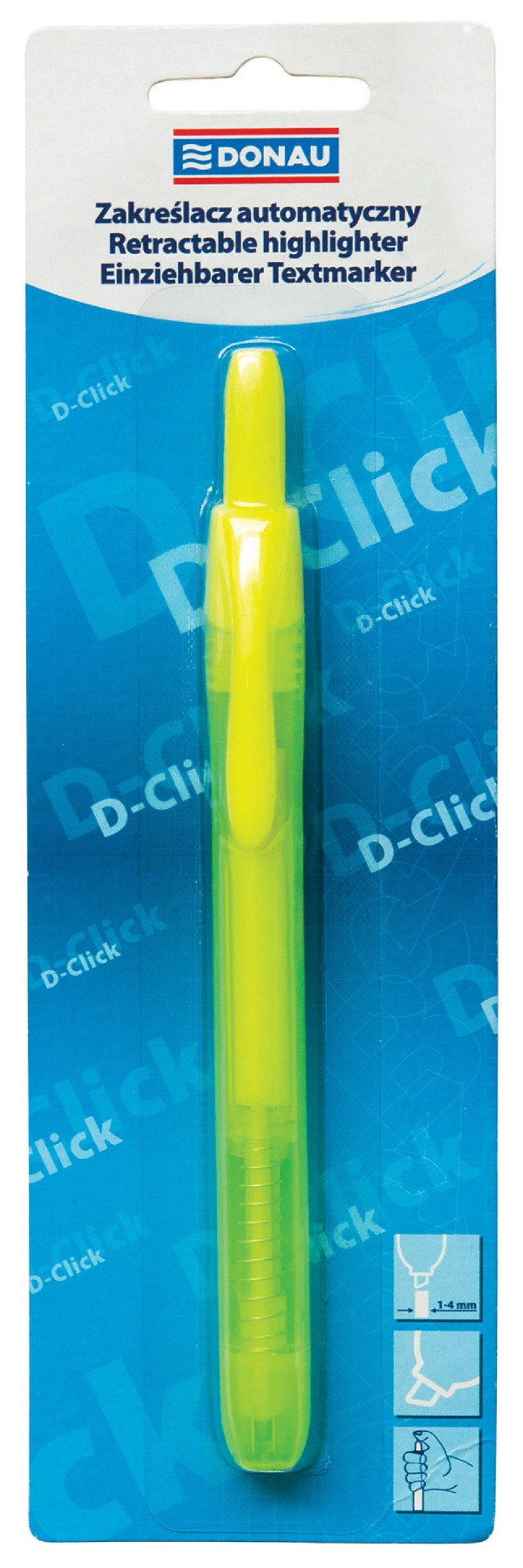 RETRACTABLE HIGHLIGHTER, DONAU D-CLICK, 1-4MM (LINE), BLISTER, YELLOW