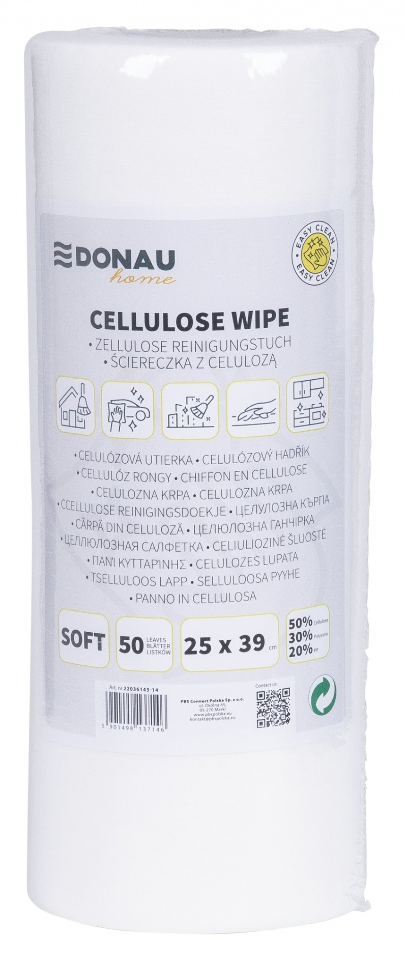 ALL-PURPOSE CLOTHS, CELLULOSE 50%,DONAU HOME, ROLL, SOFT, 25X39CM,WHITE,50 LEAVES