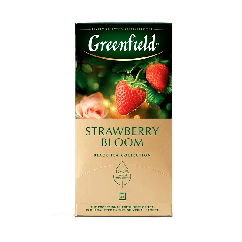 ჩაი შავი "გრინფილდი / Greenfield" STRAWBERRY BLOOM კონვერტით 25 ც.