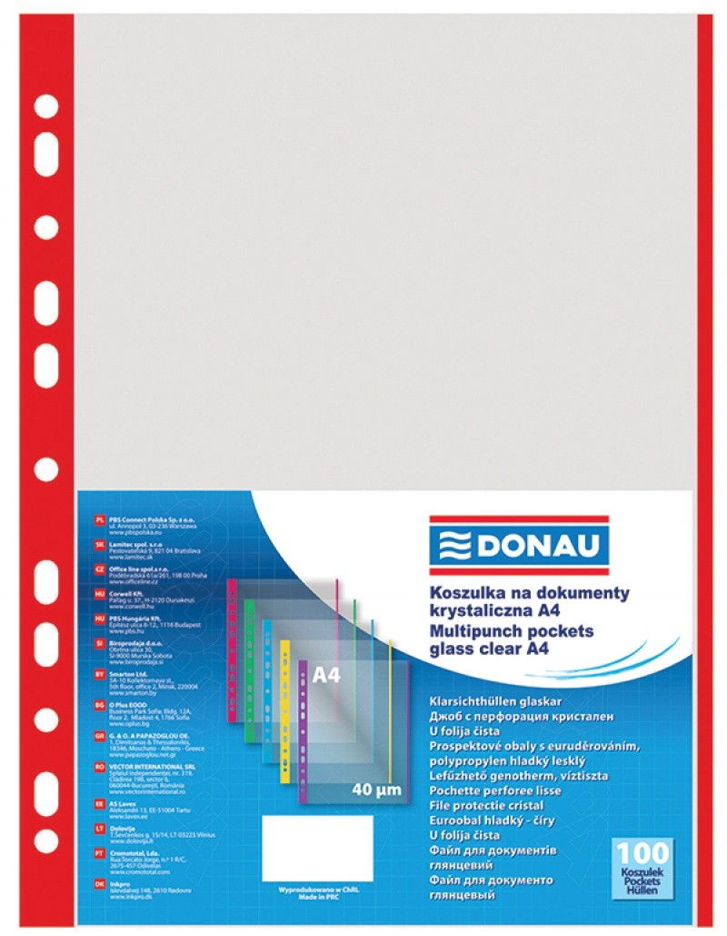 ფაილი წითელი 40 მიკრონი (100 ცალი) DONAU პრიალა ზედაპირით *ადვილად ხსნადი*