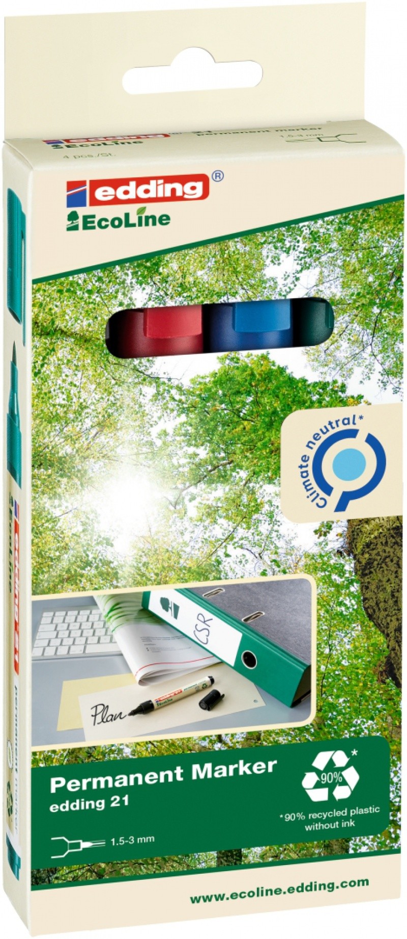 პერმანენტ მარკერი უშლადი EDDING E-21, ECOLINE, 1.5-3მმ, 4 ცალიანი შეკვრა