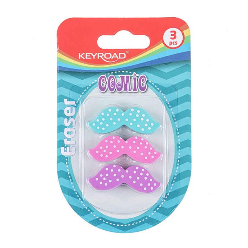 ERASER, KEYROAD, MUSTACHE, 3PCS/BLISTER CARD
