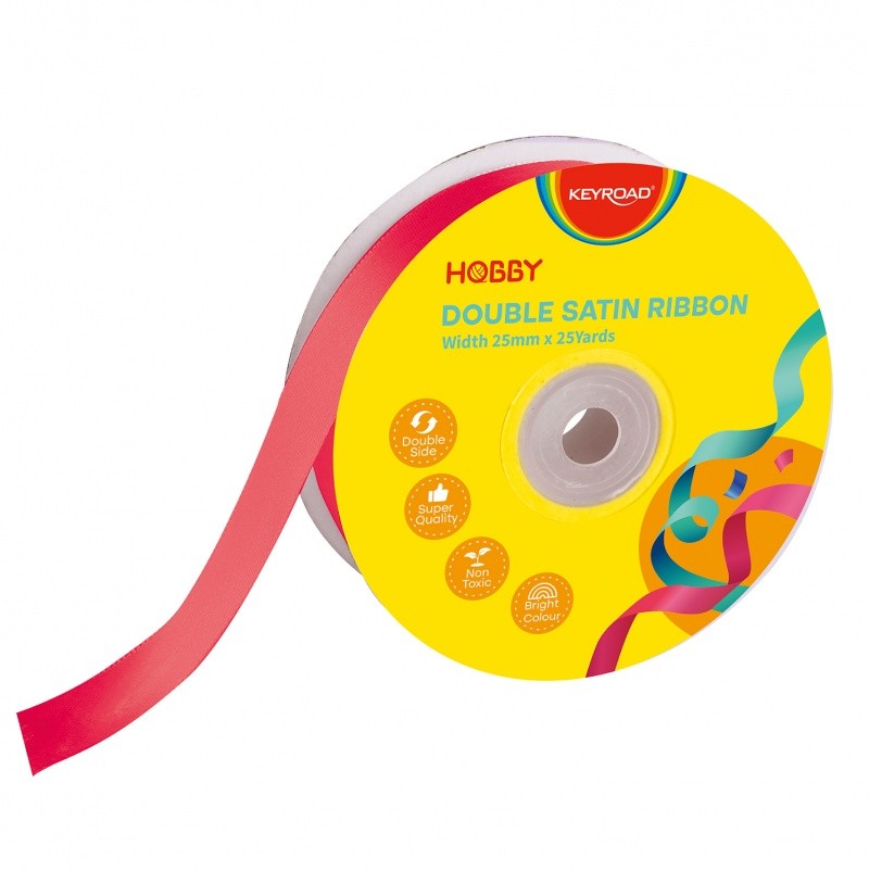 RIBBON, KEYROAD, SATIN, DOUBLE, WIDTH 25MM X 22,86M, SINGLE ROLL WITH CARD, RED