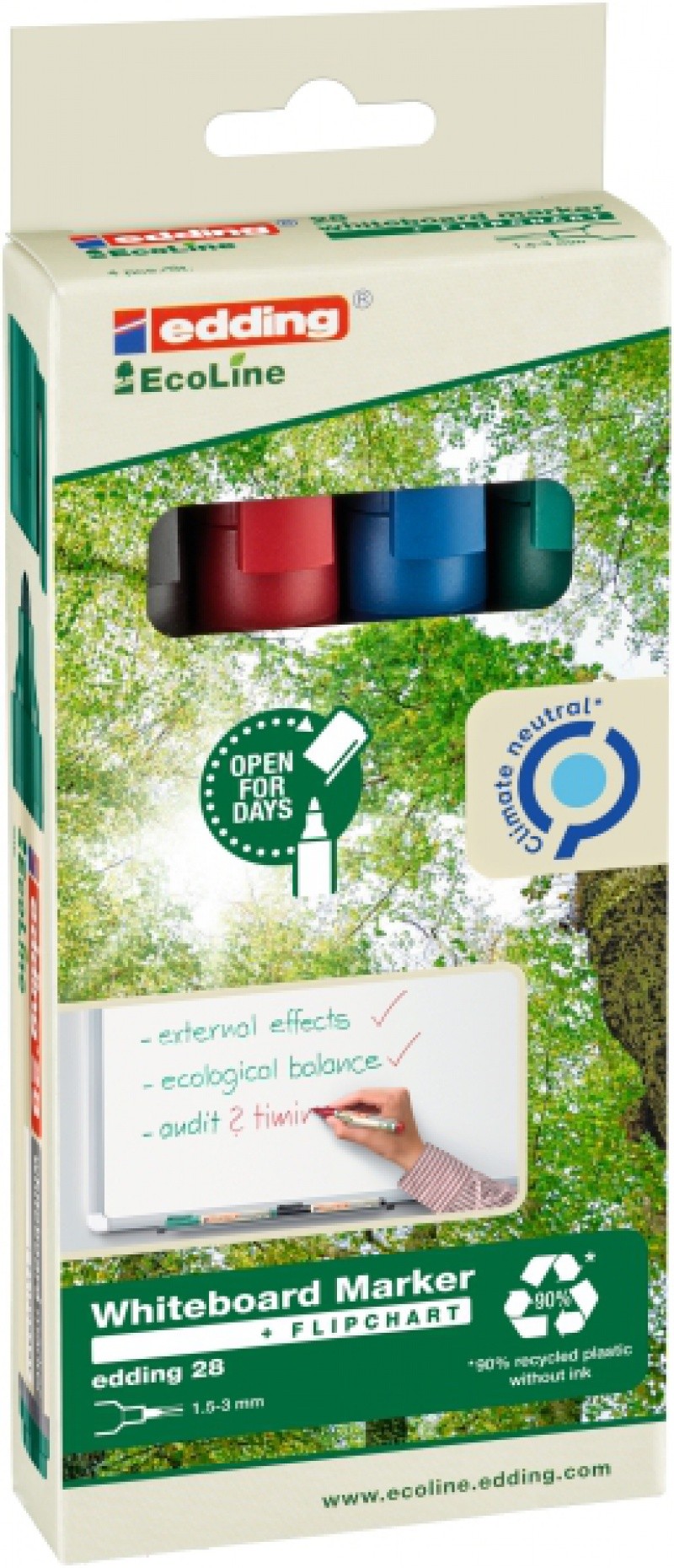 WHITEBOARD MARKER ECOLINE E-28, EDDING,1,5-3 MM, SET/4 MIX COLOURS