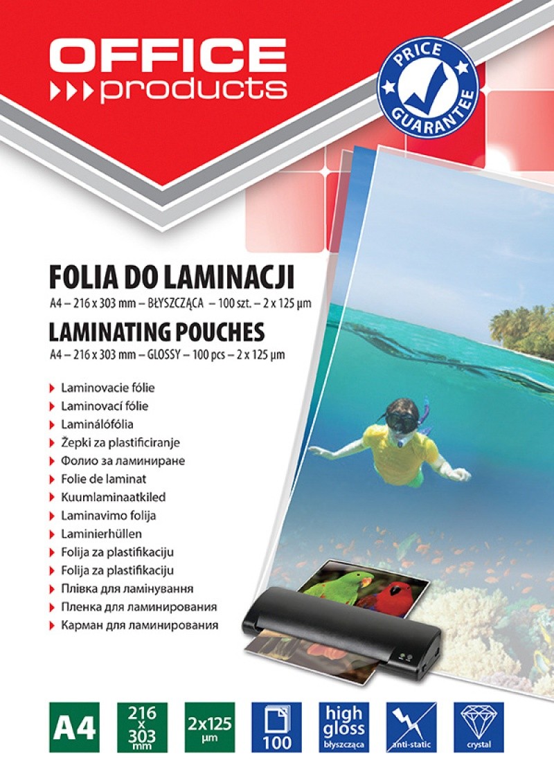 LAMINATING POUCHES OFFICE PRODUCTS A4 216X303 MM GLOSSY 100PCS 2X125MIC