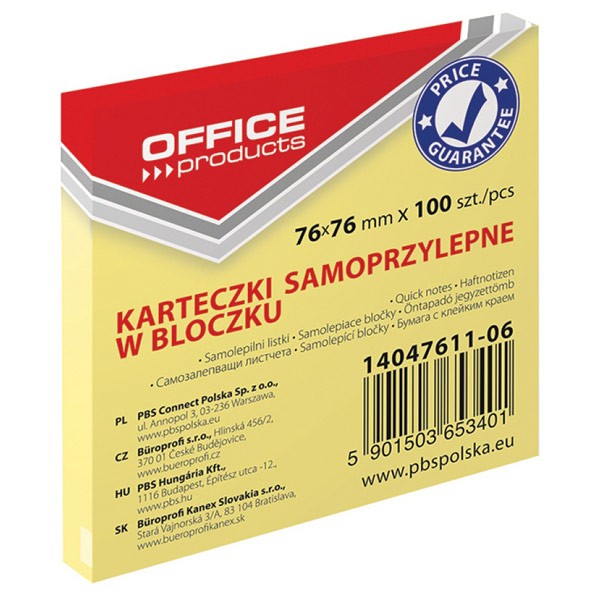 ჩასანიშნი წებოვანი სტიკერი OFFICE PRODUCTS 76X76მმ 100 ფურცელი ყვითელი