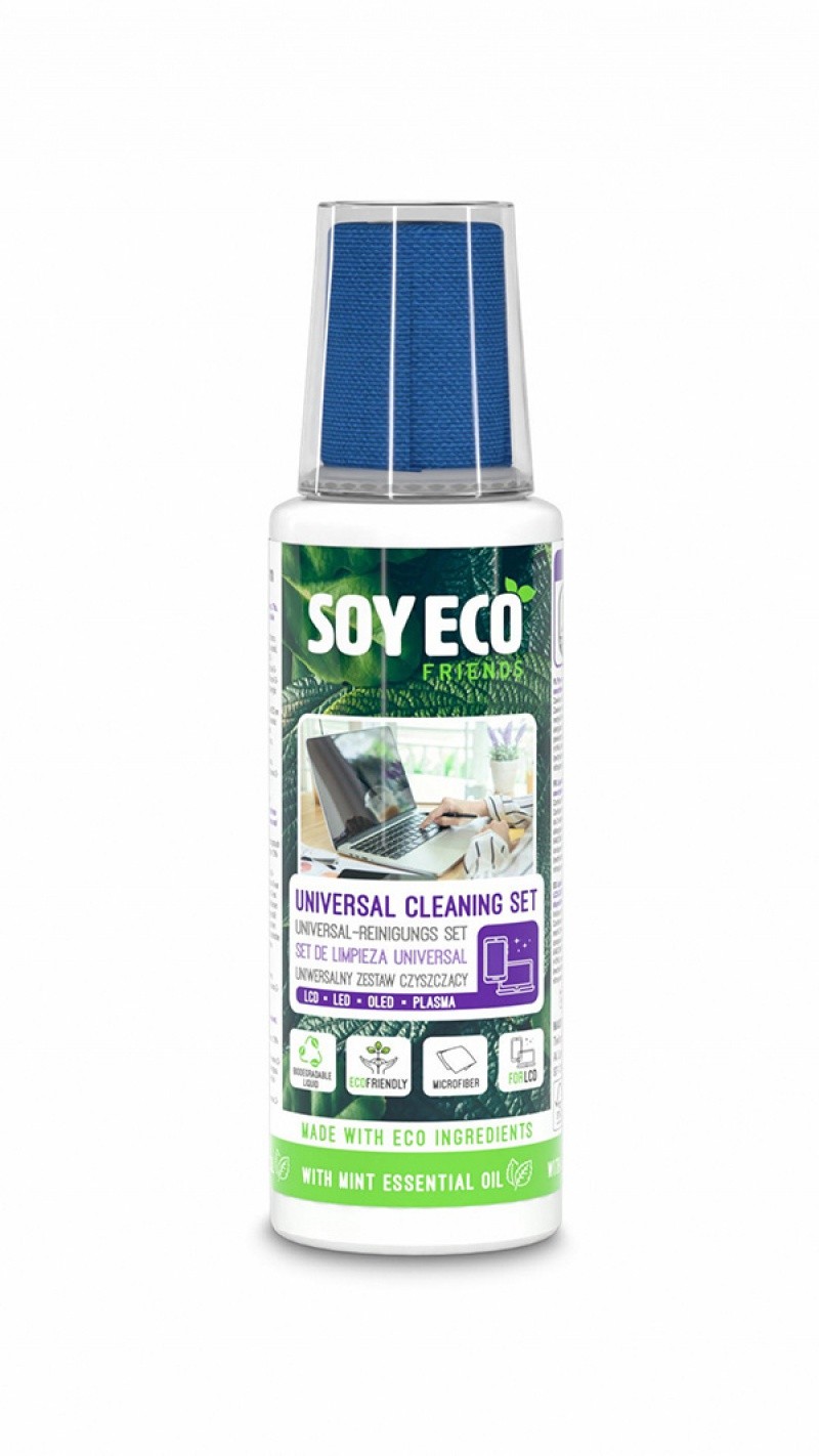 მონიტორისა საწმენდი სითხე სპრეი SOYECO 100მლ + მიკროფიბრა 20x20 (მაღალი ხარისხი)