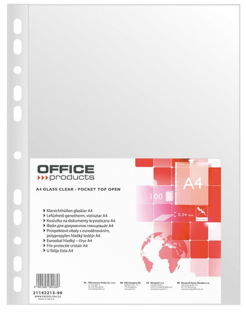 MULTIPUNCH POCKETS GLASS CLEAR, OFFICE PRODUCTS, PP, A4, 40 UM, 100PCS, TRANSPARENT