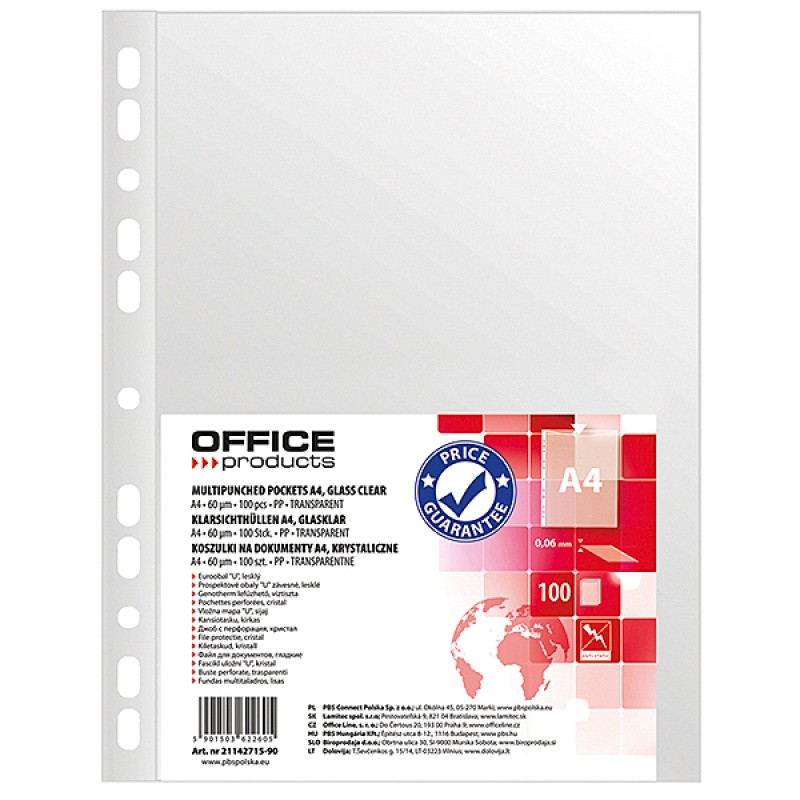 MULTIPUNCH POCKETS GLASS CLEAR, OFFICE PRODUCTS, PP, A4, 60 UM, 100PCS, TRANSPARENT