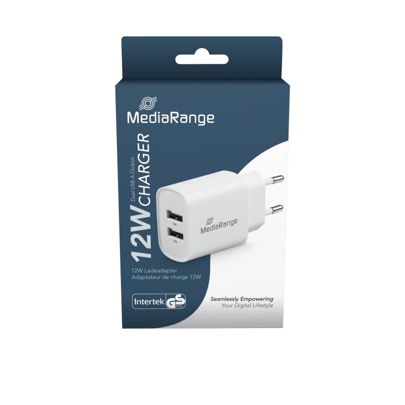 ადაფტერი დამტენი MEDIARANGE, სწრაფი, 12W, 2x USB-A, თეთრი