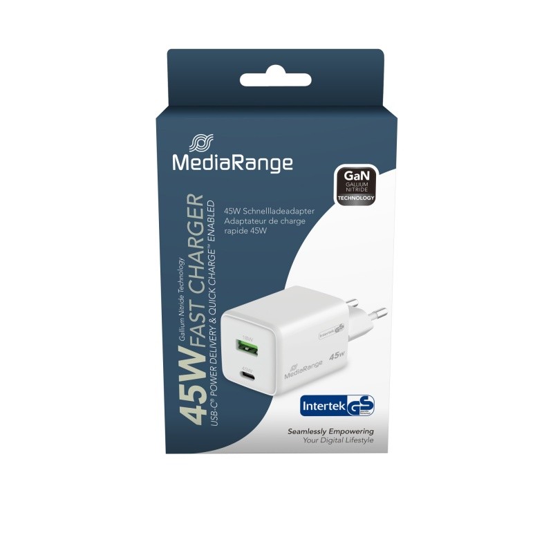ადაფტერი დამტენი MEDIARANGE, სწრაფი GaN, 45W, 1x USB-C + 1x USB-A, თეთრი