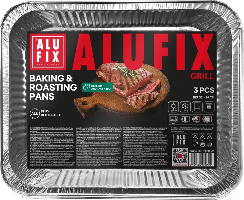 გრილის ალუმინის ფორმა ALUFIX Fix-Grill, საცხობი და შესაწვავი, დიდი 32X26სმ, 3 ცალი