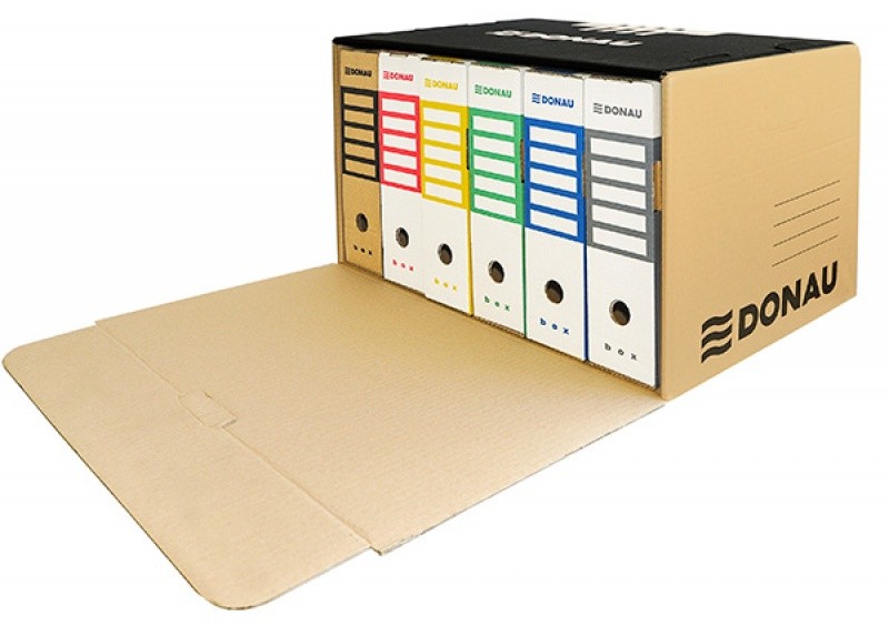 FILE STORAGE BOX FOR MULTIPLE FILES, REINFORCED, CARDBOARD, FRONT, DONAU, BROWN