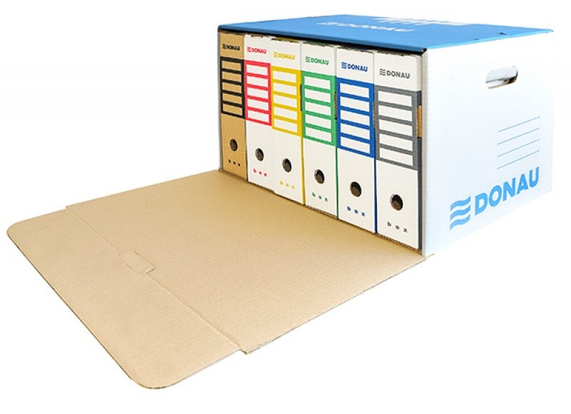 FILE STORAGE BOX FOR MULTIPLE FILES, REINFORCED, CARDBOARD, FRONT, DONAU, BLUE