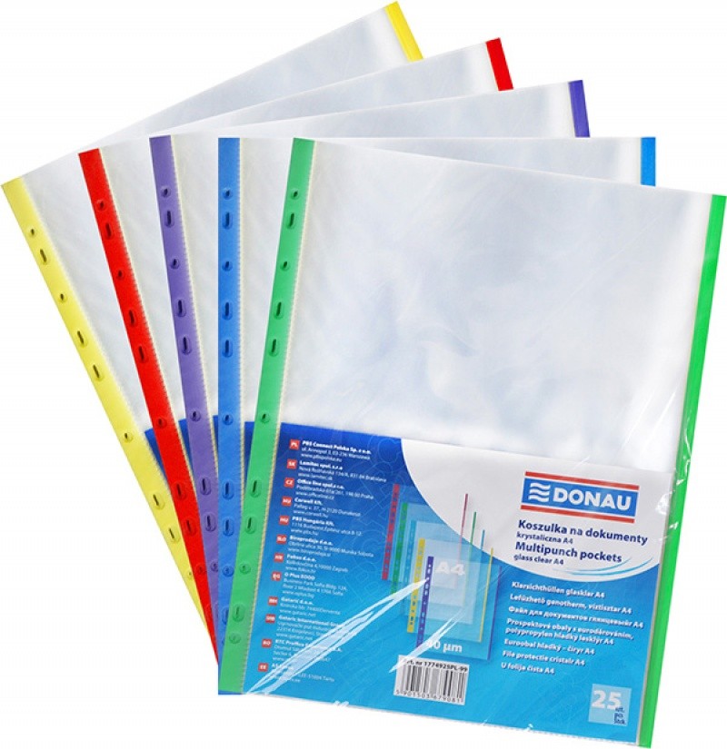 PUNCHED POCKETS, FOR PROTECTING DOCUMENTS, DONAU, PP, A4, CRYSTAL, 40MIKR., COLOURED EDGE - ASSORTED COLOURS, 25 PCS