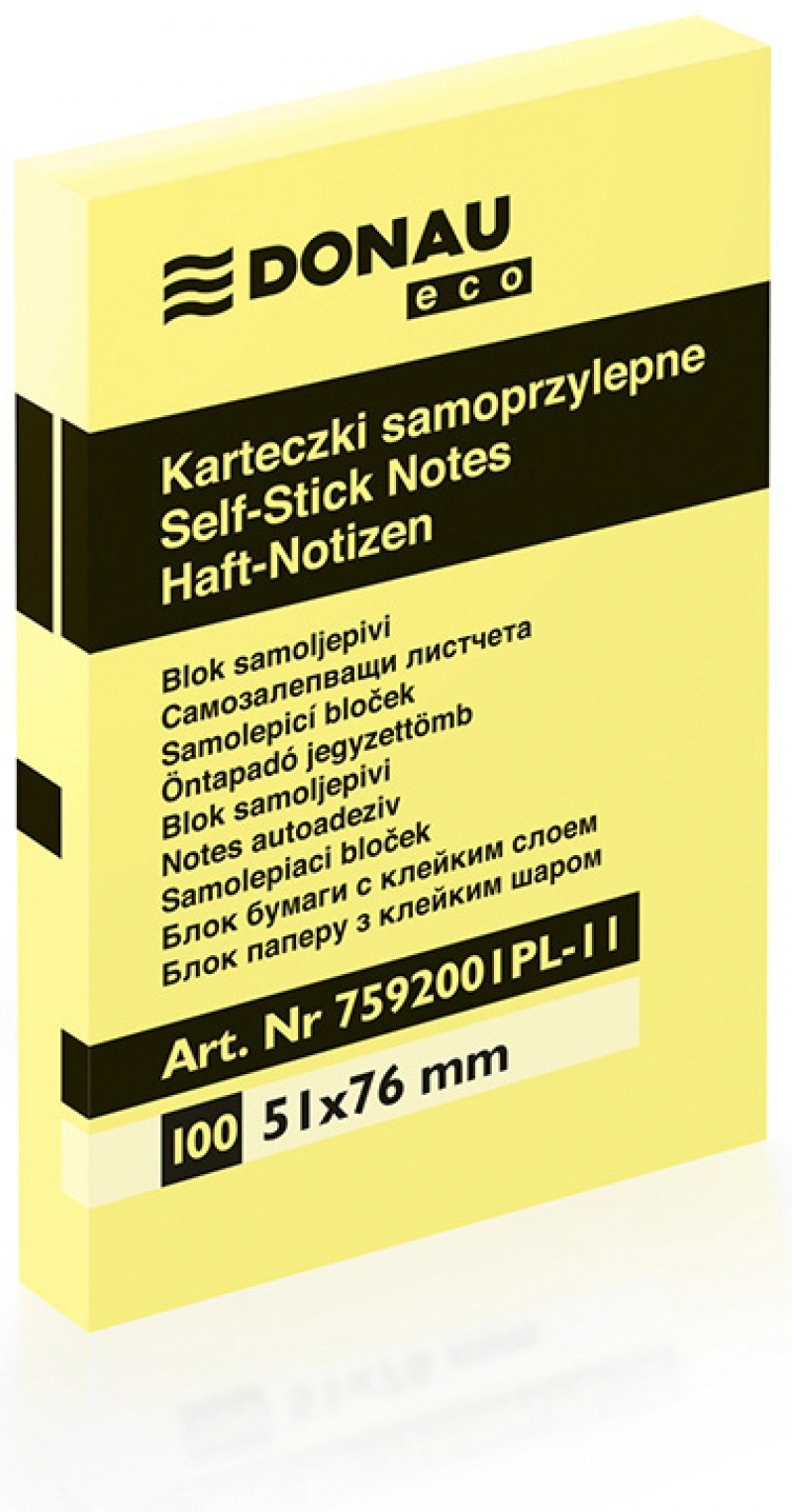 SELF ADHESIVE NOTES ECO 51X76MM PASTEL YELLOW 100SHEETS/PAD 21006