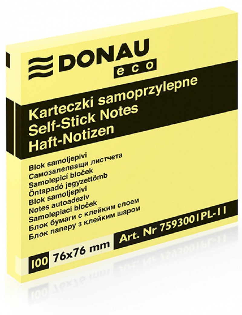 SELF ADHESIVE NOTES ECO 76X76MM PASTEL YELLOW 100SHEETS/PAD 21007