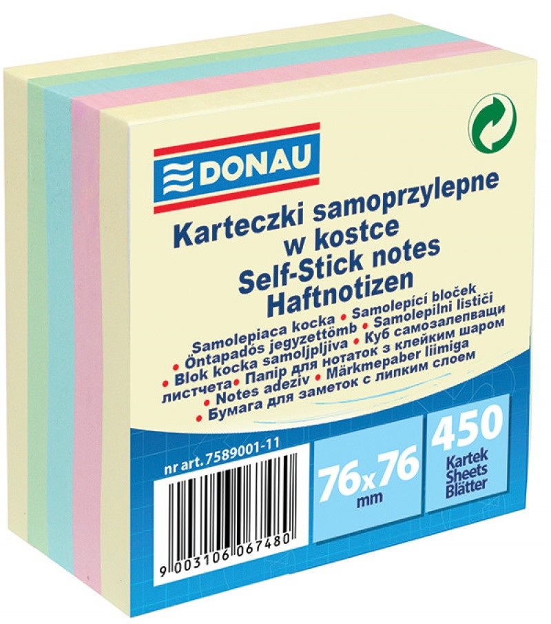SELF ADHESIVE NOTES, DONAU,  76X76/450 4-COL. PASTEL