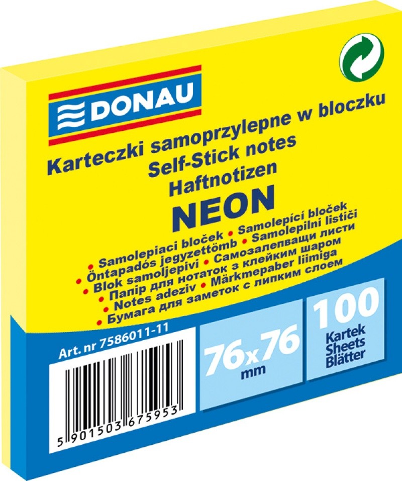 STICKY NOTES DONAU 76X76MM 100 SHEETS YELLOW NEON