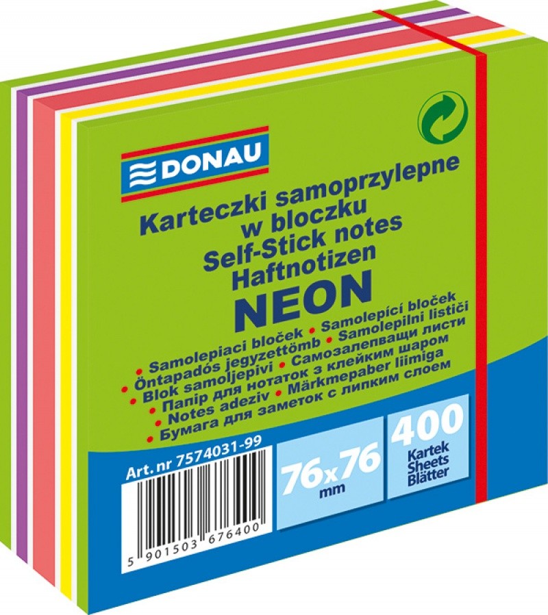 STICKY NOTES CUBE DONAU 76X76MM, 400K, GREEN-MIX, NEON-PASTEL