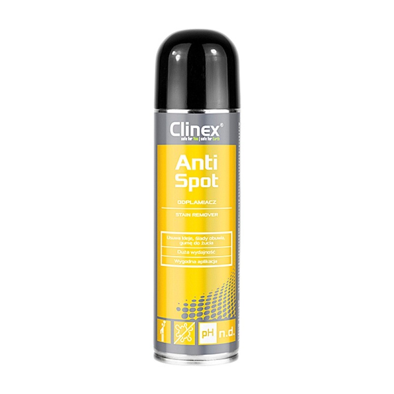 მძიმე ლაქების მოსაშორებელი აეროზოლი CLINEX ANTISPOT (250 მლ) (წებოს, საღეჭი რეზინის, საბურავის, ფეხსაცმლის კვალისა და ცვილის წინააღმდეგ)