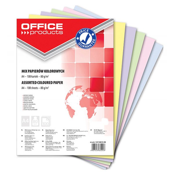COLOURED PAPER OFFICE PRODUCTS, A4, 80GSM, 100 SHEETS, ASSORTED COLOURS