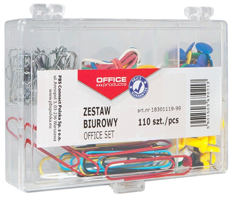 OFFICE SET IN PLASTIC BOX (THUMBTACK,RUBBER BANDS, BINDER&PAPER CLIPS) OFFICE PRODUCTS , MIKS 110 PCS