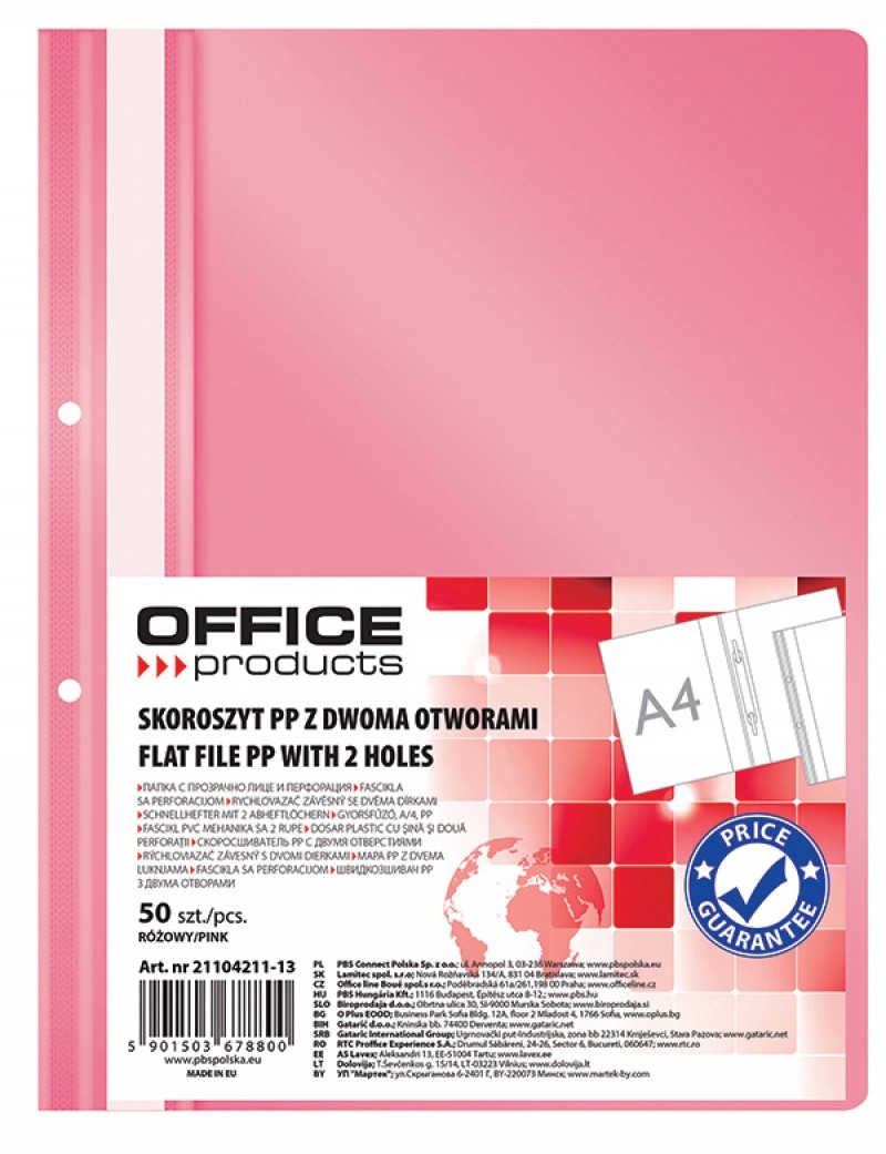 QUOTATION FILE FOLDER OFFFICE PRODUCTS PP A4, 2 POUNCH, 100/170MIC,  PINK
