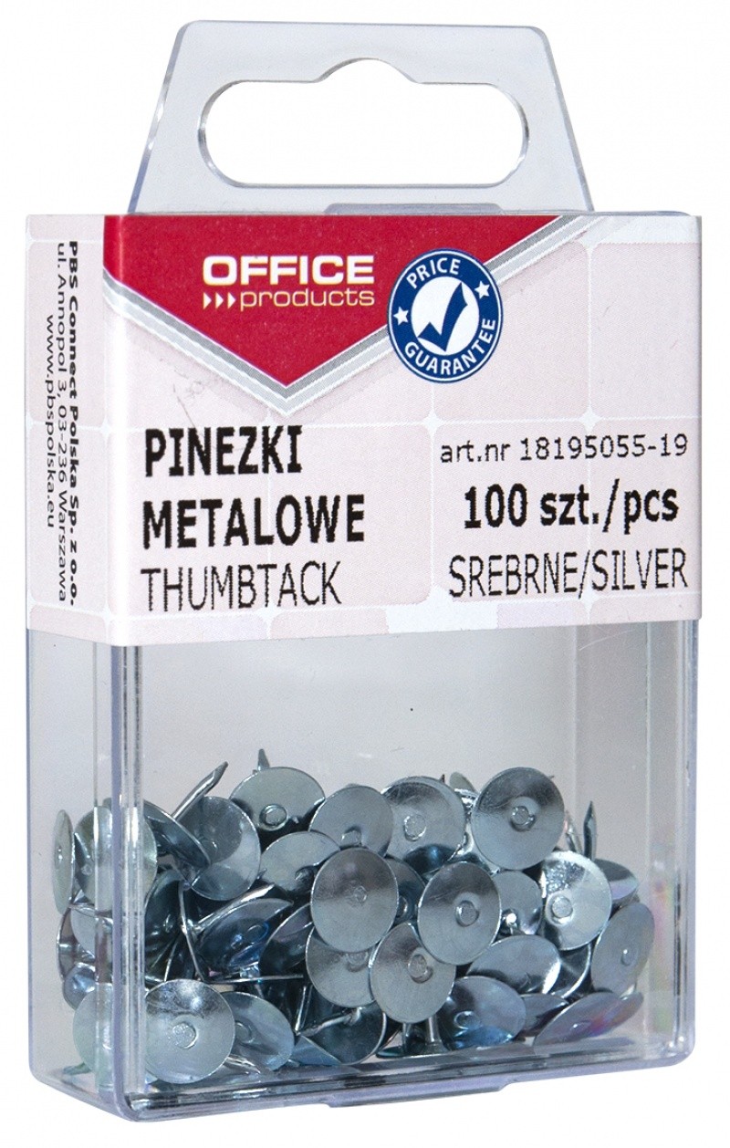 THUMBTACK OFFICE PRODUCTS  SILVER IN PLASTIC BOX, 100 PCS