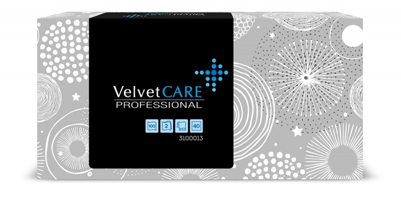 სამაგიდე სალფეთკი VELVET Professional მუყაოს დისპენსერში, 2 ფენა, 100 ცალი, 20.5X21სმ