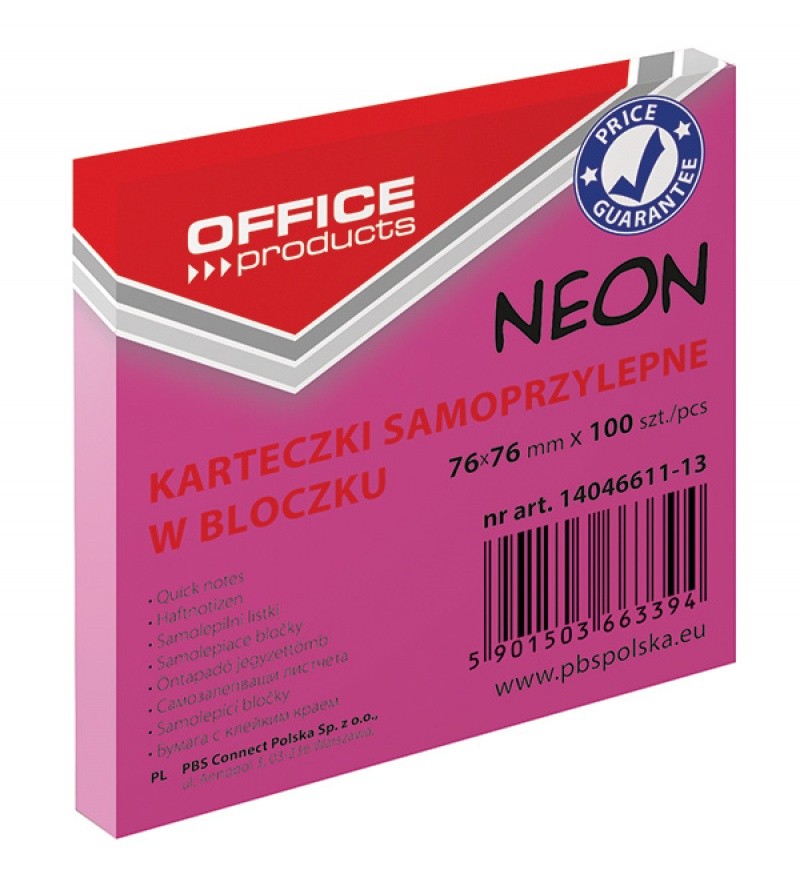 ჩასანიშნი წებოვანი სტიკერი OFFICE PRODUCTS 76X76მმ 100 ფურცელი NEON ვარდისფერი
