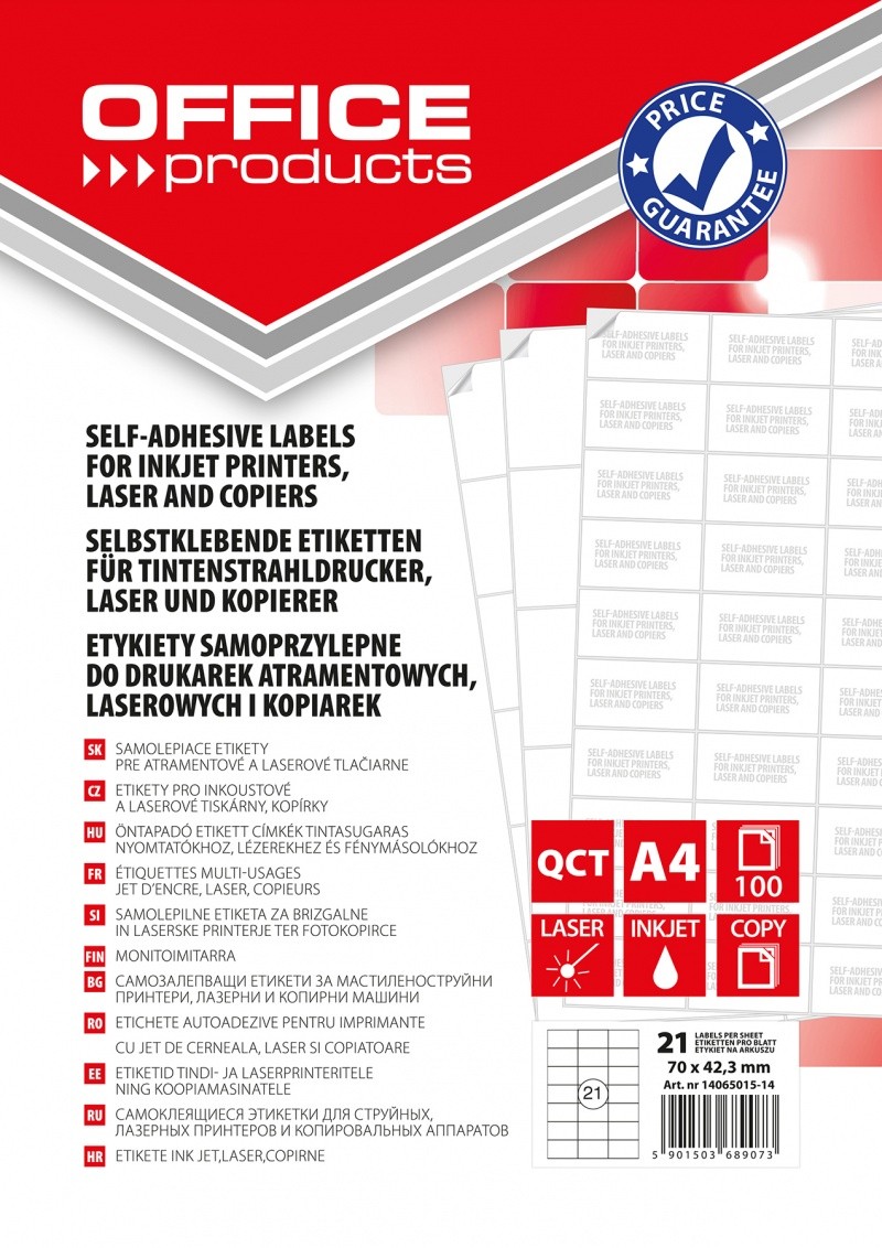 წებოვანი ეტიკეტი OFFICE PRODUCTS 21 ნაჭრიანი (ლეიბლი / LABEL) 70x42,3 მმ