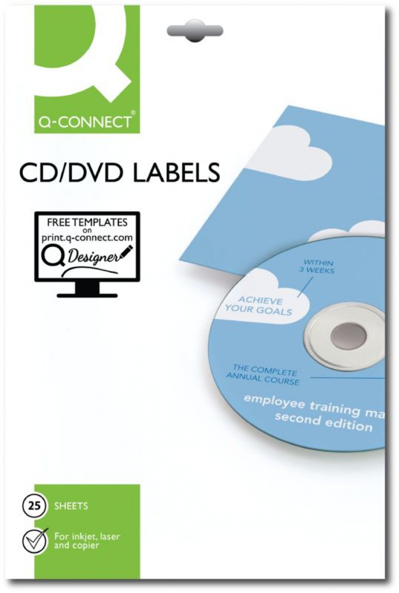 წებოვანი ეტიკეტი CD/DVD-სთვის, Q-CONNECT 2 ნაჭრიანი (ლეიბლი / LABEL) 116მმ დიამეტრი